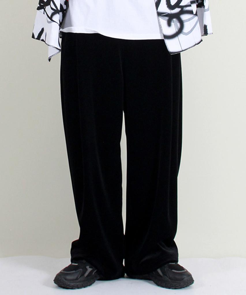 Deumakeu Velvet Laminated Single-Pleat Real Wide Pants Black
