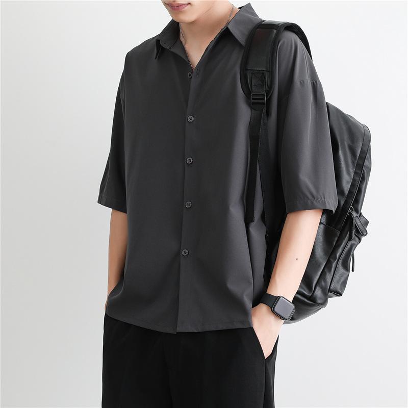 Summer Ice Silk Short -Sleeved Shirt Men 'S Loose Thin Solid Color Shirt Casual Shirt
