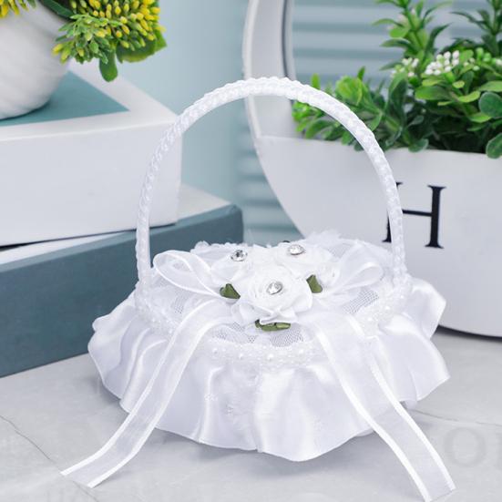 Wedding Ring Basket Flower Decor Rhinestone Solid Color Heart Shape Mesh Hold