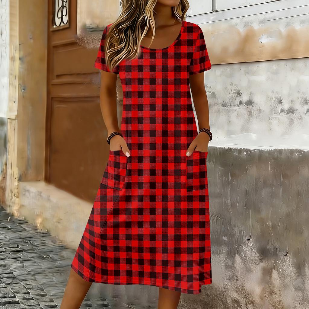 Damen Kurzarm Print Midi Kleid Rundhalsausschnitt Lockerer Schnitt Sommer Freizeitkleid mit Taschen für den täglichen Gebrauch