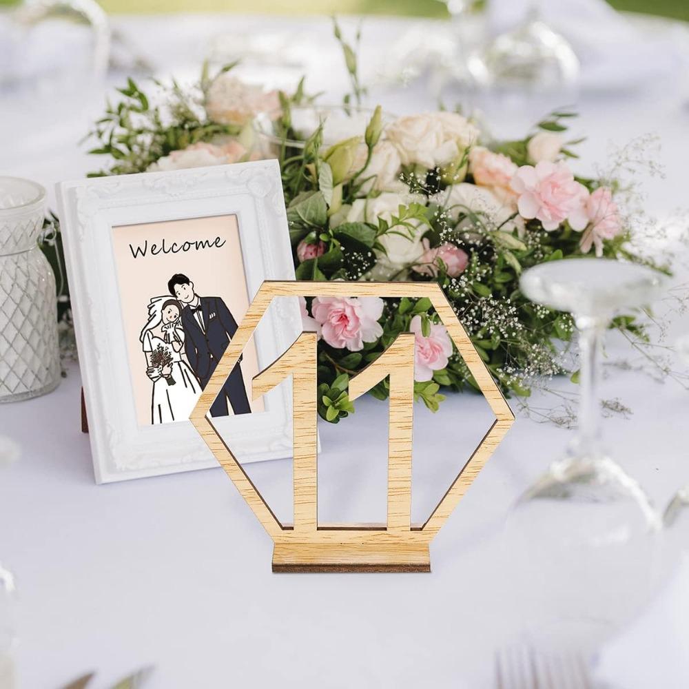 Wooden Table Numbers 1-10/1-20 Wedding Table Numbers Card with Holder Base Hollow Out Wood Table Numbers for Wedding Party Event Catering Decoration