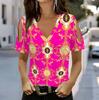Damen V-Ausschnitt Cold Shoulder Bluse Heißes Pink Goldener Barockornamentdruck Kurzarm Top