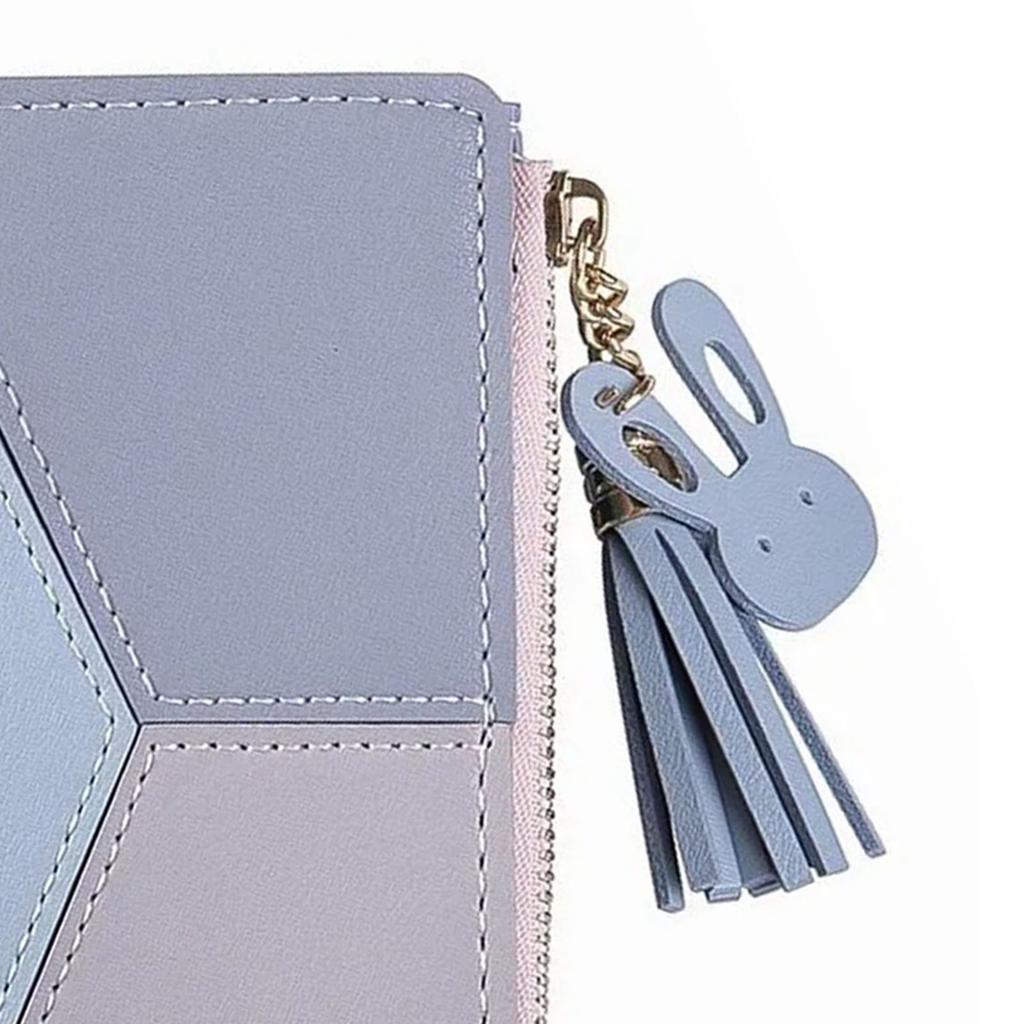 Women Wallet PU Leather Zipper Closure Multi Pocket Color Splicing Trendy Practical Lady Wallet Blue Free Size