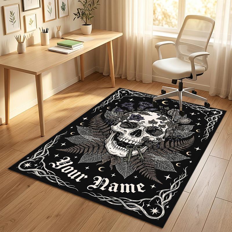 Skull Floral Theme Soft Crystal Velvet Rug Custom Name & Text Print Non Slip Floor Rug for Bedroom Living Room