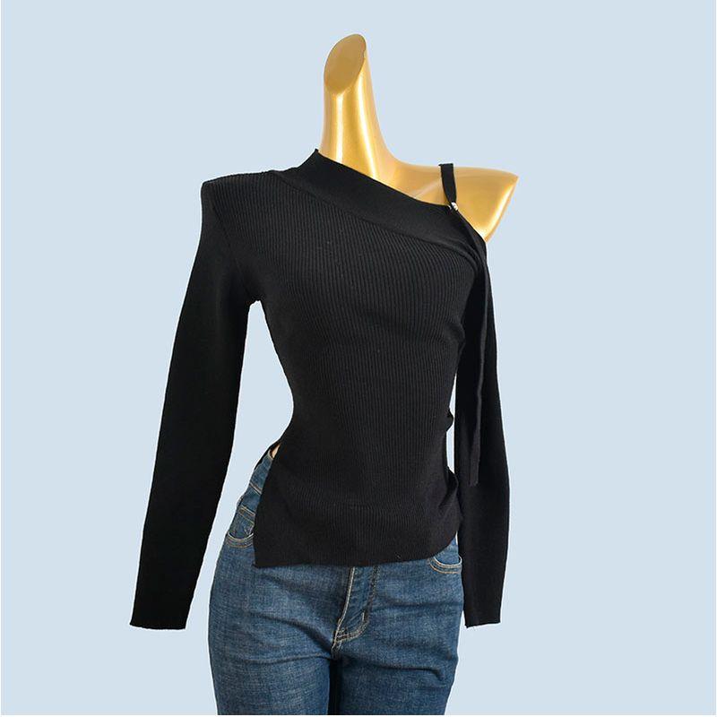 Glutinous Sexy off-the-Shoulder Knitted Bottoming Shirt Women's Long Sleeve Autumn and Winter Design Asymmetric Top Western Style Inner wear Sweater