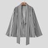 INCERUN Men Lapel Deep V Neck Long Sleeve Striped Print Casual Lace-up Shirts Tops