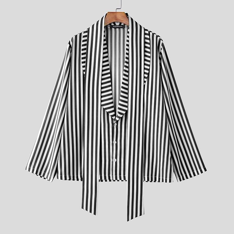 INCERUN Men Lapel Deep V Neck Long Sleeve Striped Print Casual Lace-up Shirts Tops