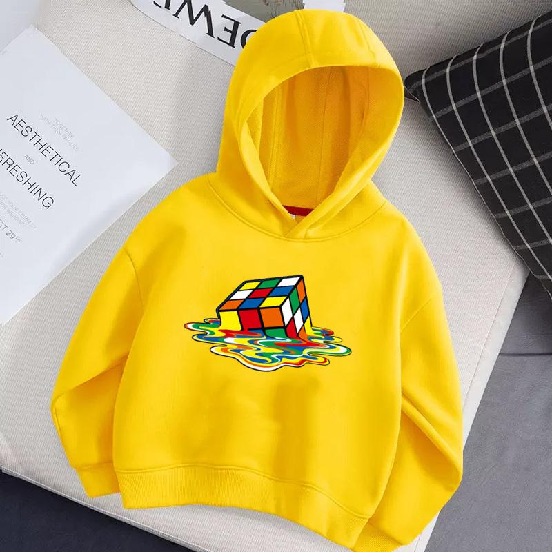 Children's Autumn Hoodie Rubik's Cube Pattern Hoodie, Magic Cube Printed Fashion Versatile Style Girls' Top