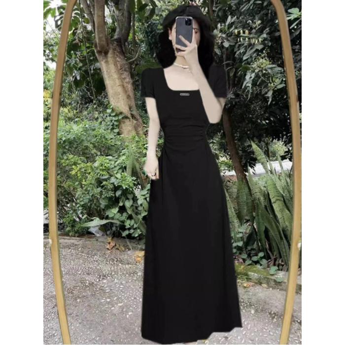 Summer New Hepburn Style Temperament Square Neck Pleated Black Dress Children Thin Design Small Black Dress