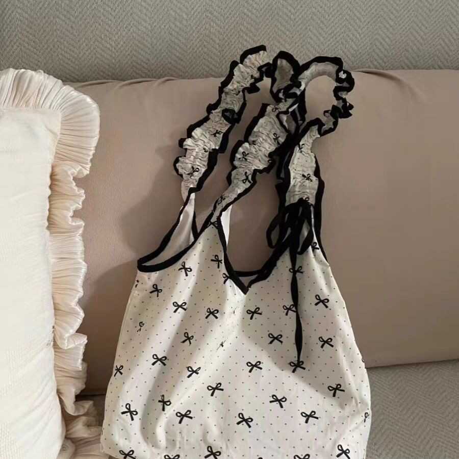 Niche Bow Polka Dot Canvas Bag Sweet Maiden Drawstring Pleated Tote Student Commuter Shoulder Bag