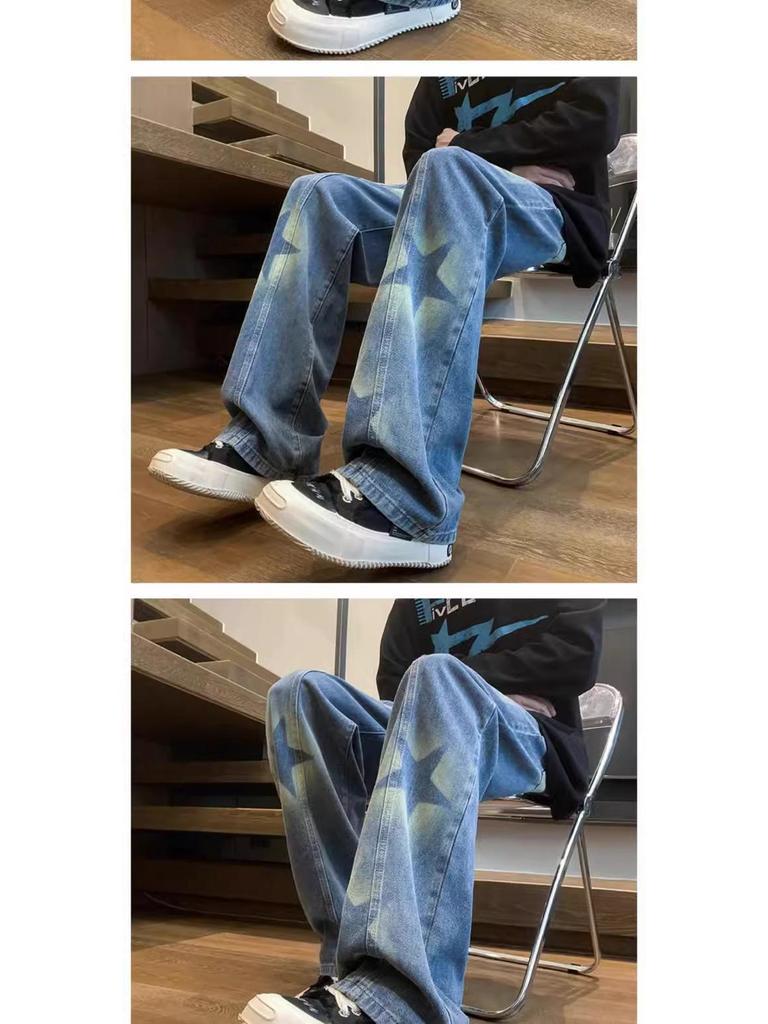 Unisex Korean Street-Style Elastic Waist Dark Star Jeans - Trendy, Loose Straight-Leg for Spring and Autumn