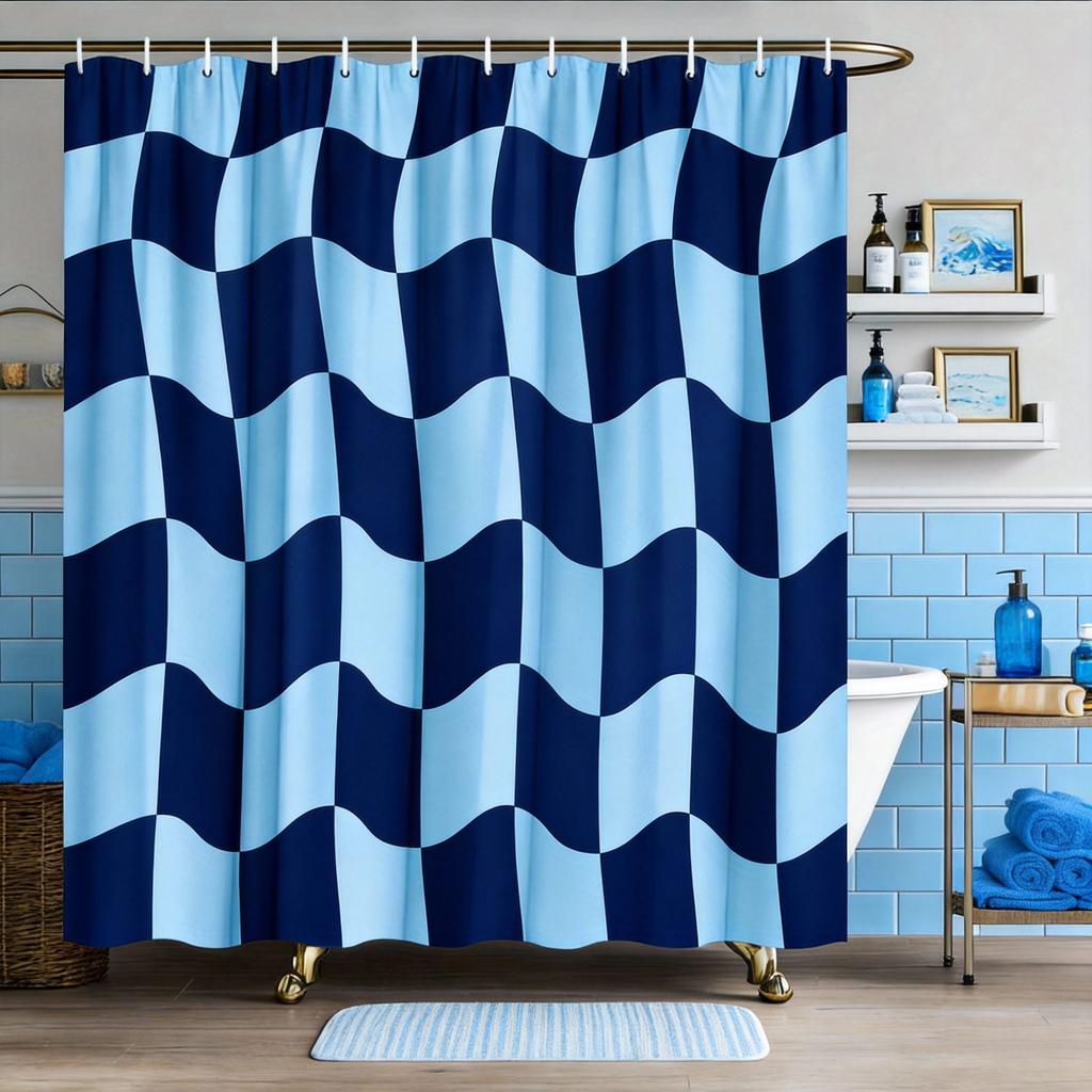 Modern Geometric Shower Curtain Pink and White Wavy Checkered Design Stylish Bath Curtain for Girls’ Room and Contemporary Decor