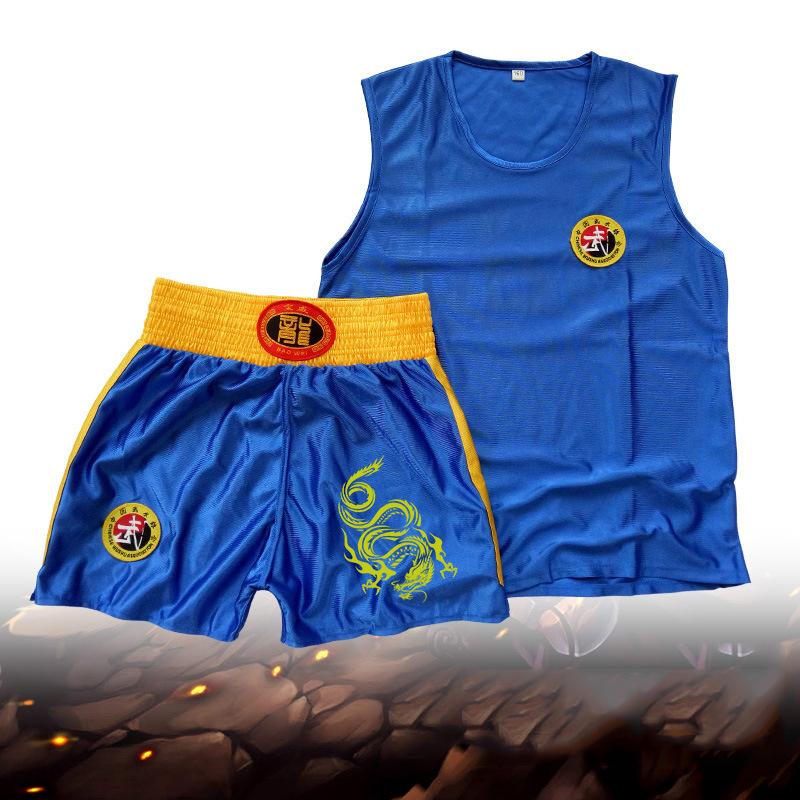 Unisex Wushu Clothing Kung Fu Uniform Kids Sanda Wu Shu Clothes Martial Arts Set Boxing Shorts Suit With Embroidered Dragon
