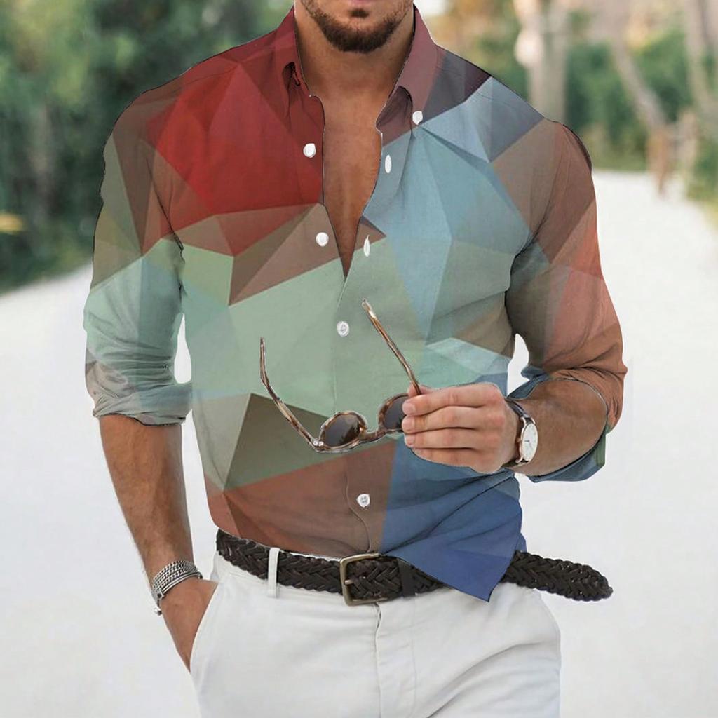 Stylish Men's Geometric Print Long-sleeve Shirt, Versatile for Daily Wear