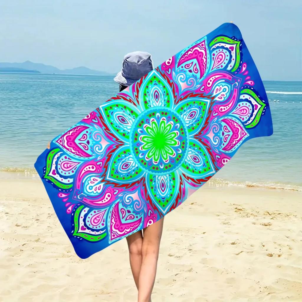 Boho Mandala 2D Flat Printed Peach Skin Beach Towel Colorful Flower Sand Free Bath Towel Summer Seaside Vacation Travel Blanket