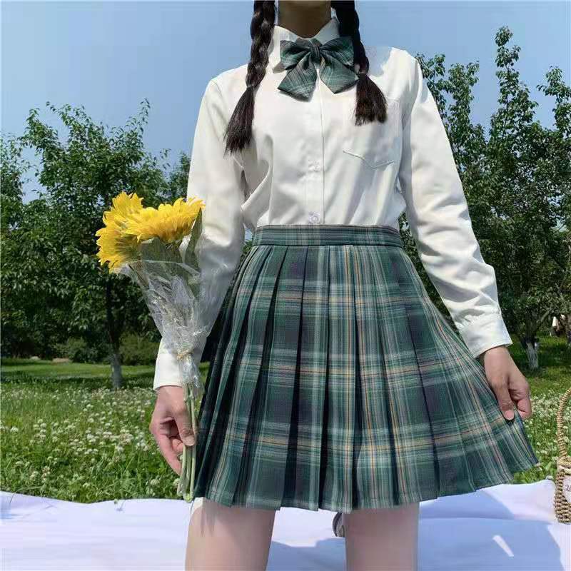 JK Skirts Women Summer High Waist Skirts Korean Style Pleated Skirts for Girls Cute Sweet Ladies Plaid Mini Skirt Shirt Bow Tie Women Set