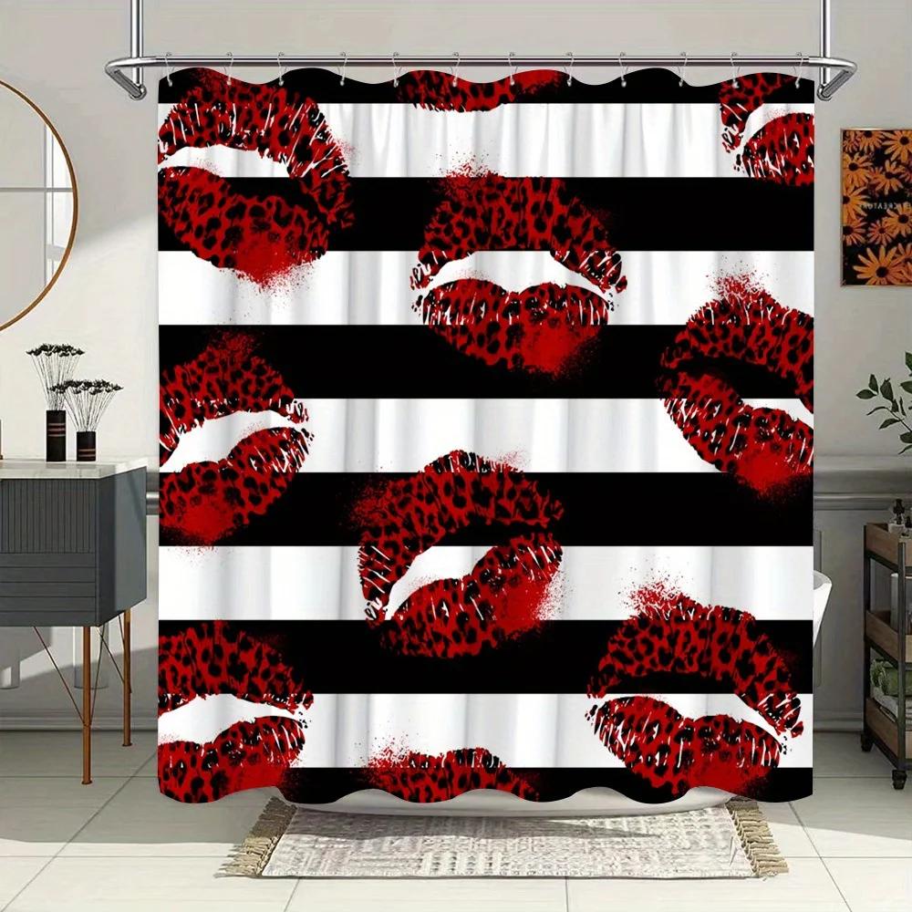 

Bold Leopard Printed Lipstick Kiss Shower Curtain - Waterproof, Anti Mold, Bold Red And Black Design, Stylish Decoration W60H190(CM)-1 Pcs