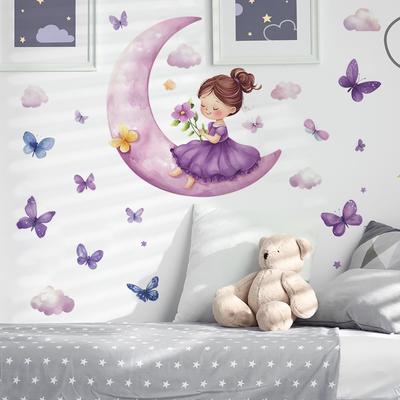 Cartoon Traum Mond Kleines Mädchen Schlafzimmer Wohnzimmer Zuhause Wand Hintergrund Verschönerung Dekoration Wandaufkleber