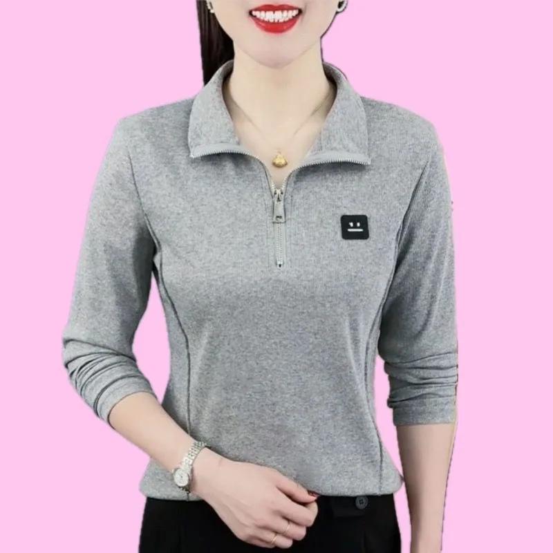 

Zipper Loose T-shirt Mother Women s Polo Shirt Top Women s Lapel Spring Autumn Long-sleeved T-shirt L сірий колір