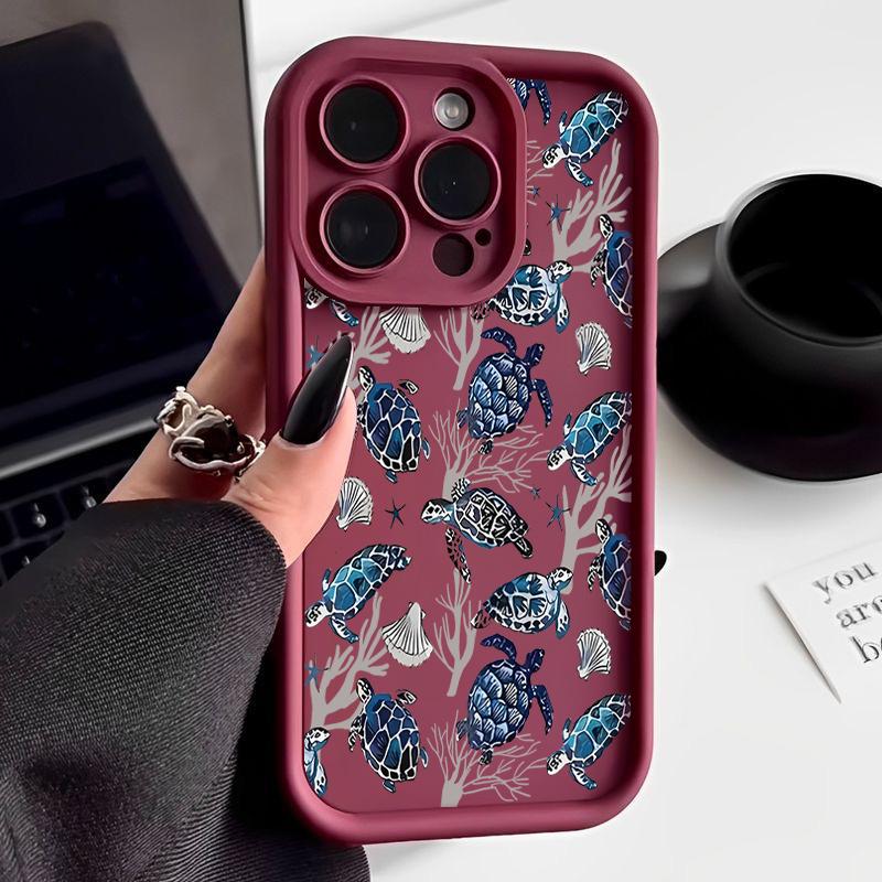 For iPhone 16 Pro 16E 15 Pro Max 14 13 12 11 Phone Case Shell Coral Turtle Pattern Anti-Fall Lens Protection Matte TPU Shockproof Soft Bumper Cover