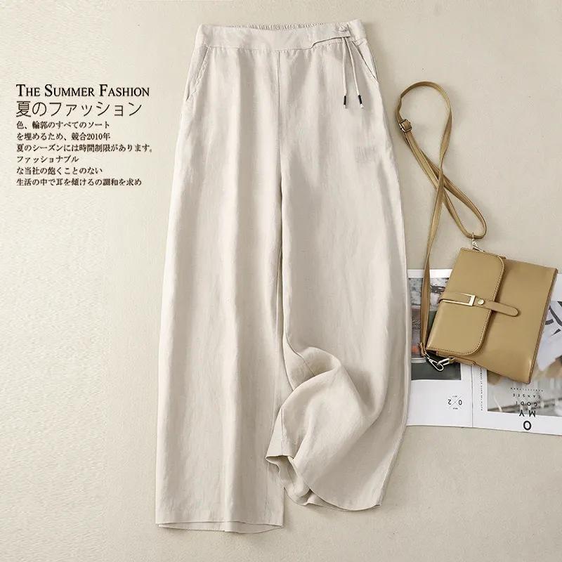 

Summer Cotton Linen Wide Leg Pants Women Retro Elastic High Waist Casual Pants Female Loose Straight Casual Solid Women s Pants 3XL бежевий
