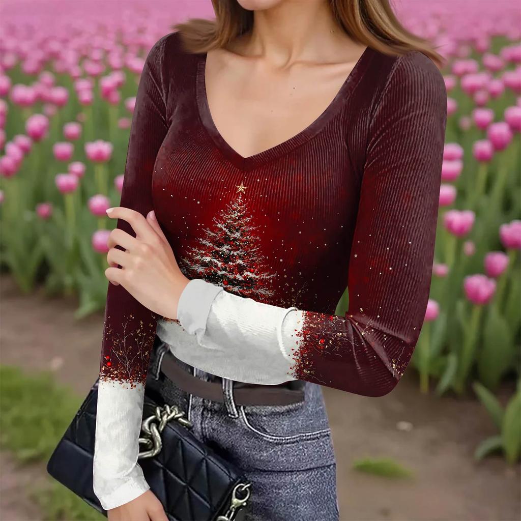 Women's Winter Slim-Fit Base Layer T-Shirt Fashionable Christmas Print V-Neck Pullover Long-Sleeved Top