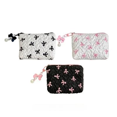 Kleine Hand-Make-up-Tasche mit rosa-schwarzem Aufdruck und Schleife, praktische Mini-Tasche für Lippenstift und Karte, Kosmetiktasche, Aufbewahrungstasche für Damenbinden