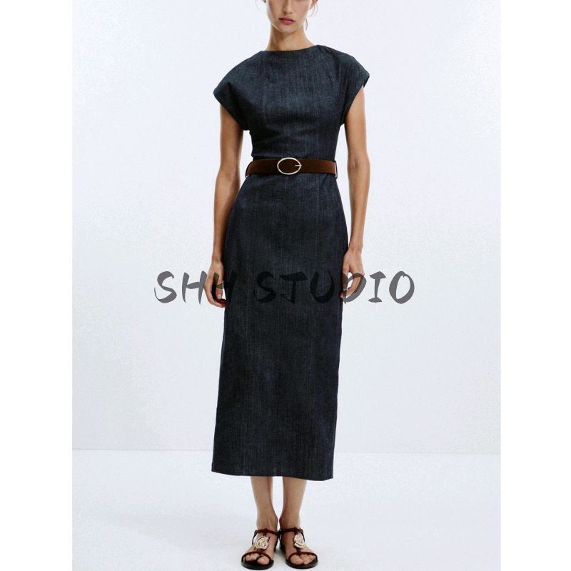 Autumn New Women clothes Minimalist round Neck Back Slit Slim fit With Belt Midi Dress 3564154
