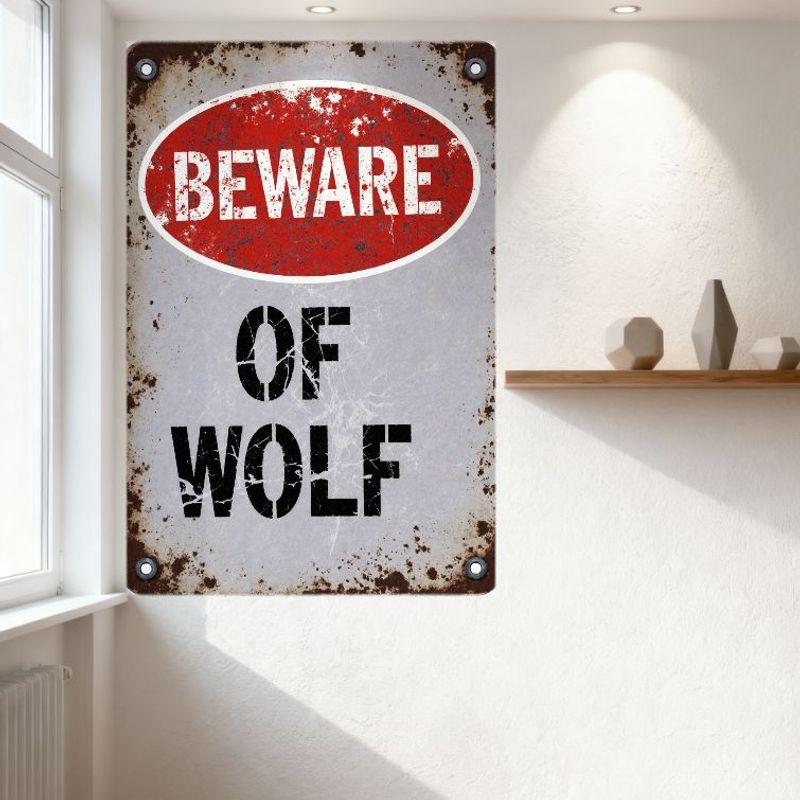 Vintage Distressed Metal Tin Sign 'BEWARE OF WOLF' Rustic Warning Plaque for Home Man Cave Bar Decor with Cracked Effect & Metal