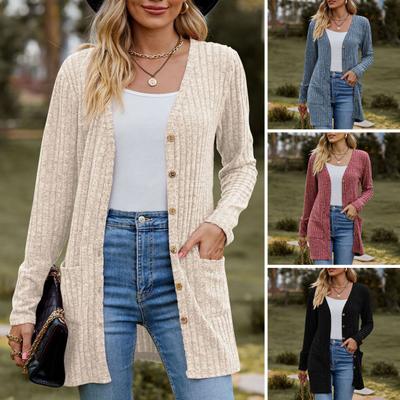Coat Knitted Single-breasted Long Sleeve Solid Color Elastic Soft Pockets Anti-pilling Warm Mid Length