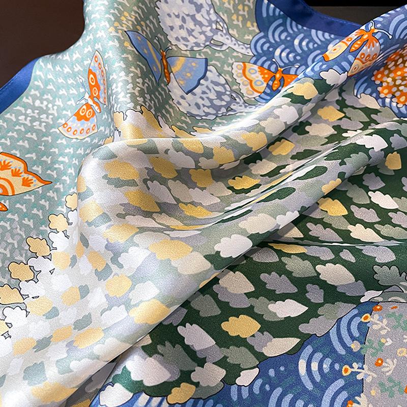 Scenery Print 100% Silk Satin Square Scarf Soft Smooth Lightweight Neck Scarf for Outdoor Sun Protection 53×53cm