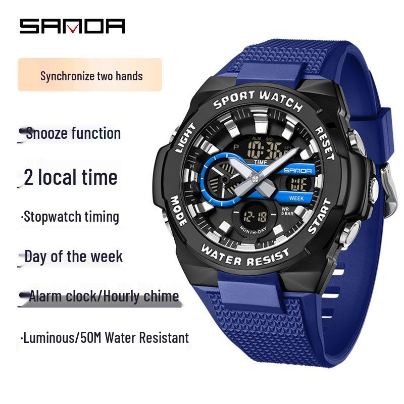 Sanda Multi-Functional Waterproof Sports Wrist Watch with Large Dial, Youth Alarm Clock, and Calendar.