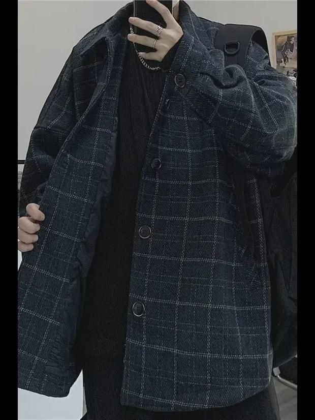 Unisex Retro Korean Plaid Wool Jacket - Loose Fit, Trendy Hong Kong Style for Couples.