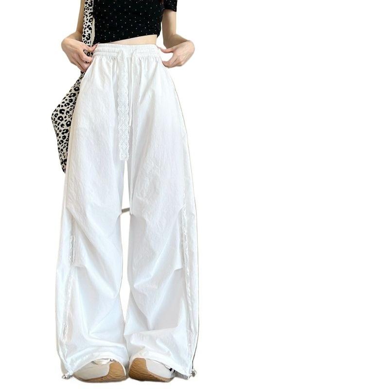

Summer Women Lace Cargo Pants High Waist Hollow Out Design Loose Fit Wide Leg Trousers XL білий