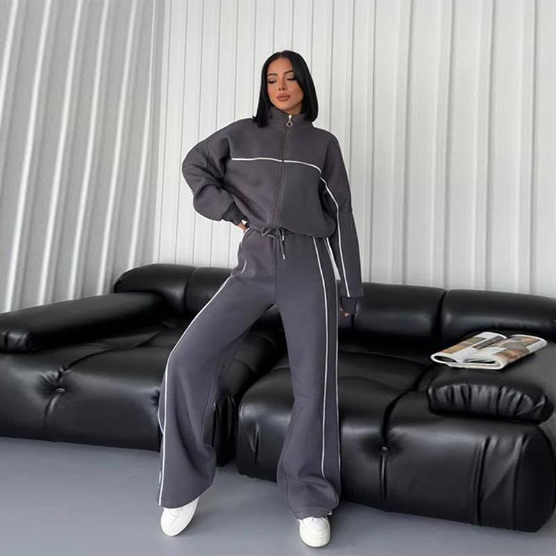 New Casual Set Women Longsleeved Half High Collar Cardigan Sweater Lace Up Striped Pants Women Clothing Fashion Two Piece Suits