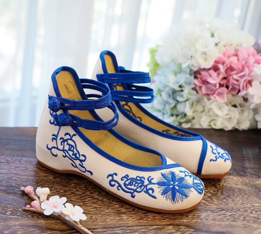 2025 Embroidered Women Canvas Ballet Flats Ankle Strap Ladies Casual Cotton Chinese Embroidery Ballerina Shoes