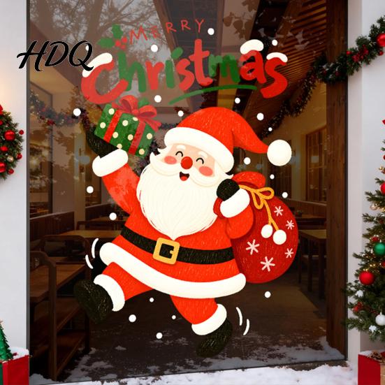 Home Window Ornaments Santa Claus Christmas Cling Static Sticker for Glass Doors Reusable PVC Festive Store Decorations Decal with Gift Bag and Box