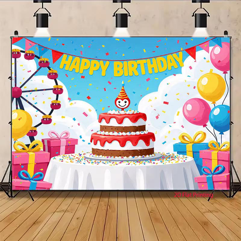 2D Freizeitpark Geburtstag Hintergrund Cartoon Riesenrad & Kuchen Hintergrund für Kinder