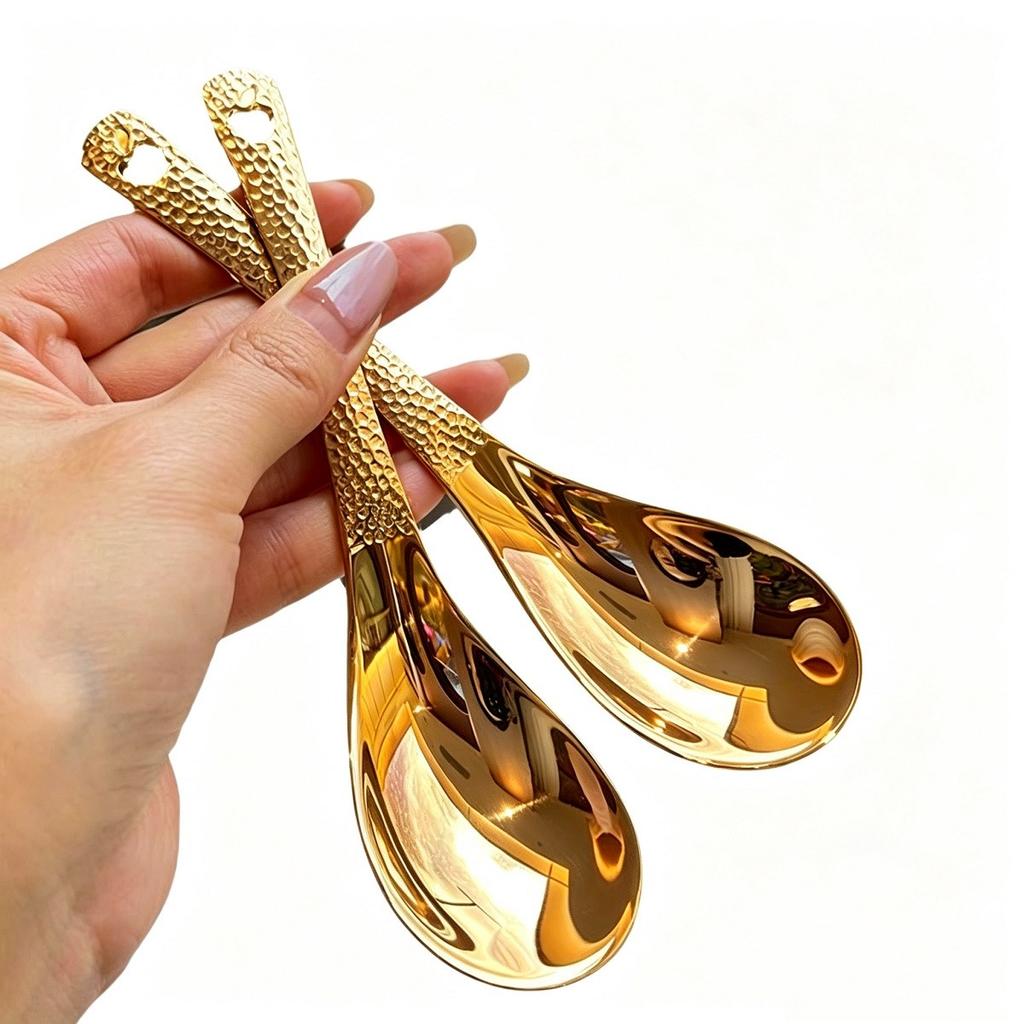 Hammered Spoon Set Gold Stainless Spoons Dimpled Tableware Glossy Gold Plating