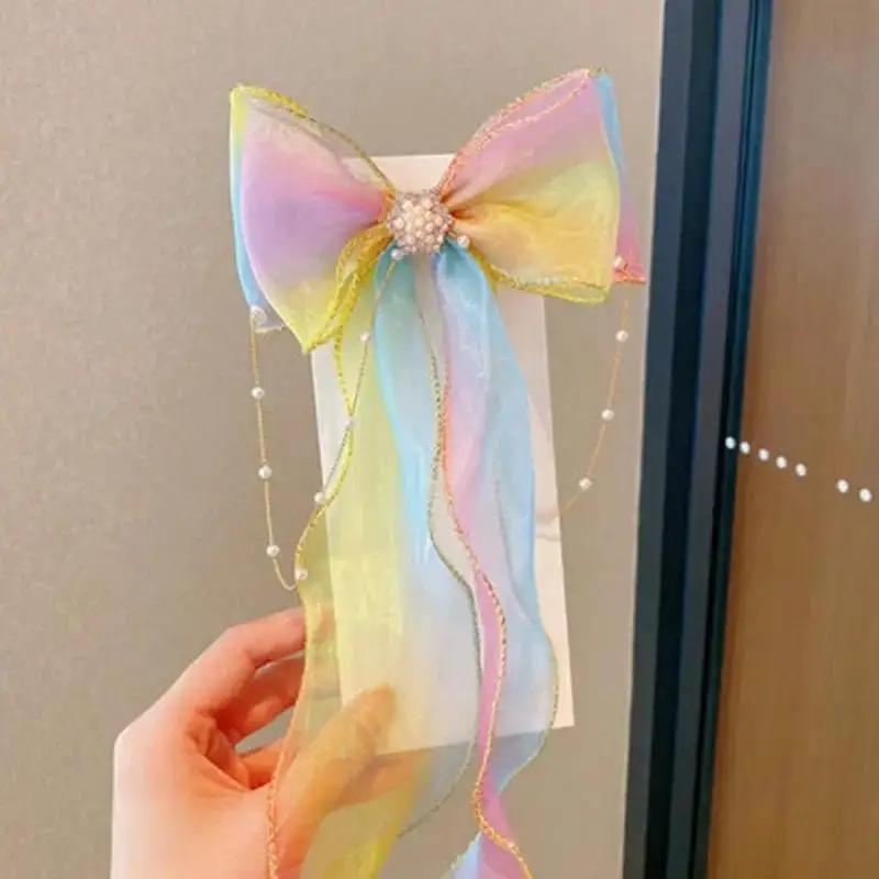 Fashion Hair Accessories New Girls Cute Pearl Colorful Chiffon Bow Ribbon Hairpins Children Sweet Hair Clips For Girls