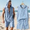 Men's New Summer 2pcs Set, Top: Hooded Sleeveless Button-Up Shirt + Bottom: Loose Drawstring Shorts, Casual Sportswear Set