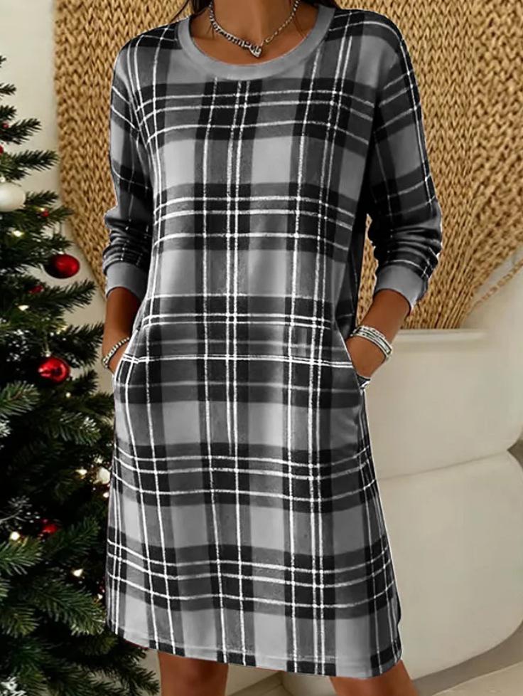 2025 Elegant Retro Plaid Dress - Round Neck, Long Sleeve, European American Style, Christmas Special. 5XL чёрный