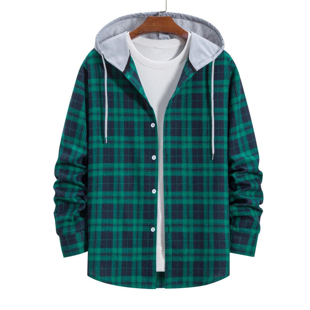 Men Casual Plaid Shirt Hooded Shirts Oversized Casual Shirt Men's Clothes European American Style Handsome Holiday Checked Shirt