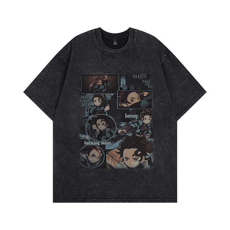 Hip-hop Heavy Washing Water Old Cartoon Short-sleeved OVERSIZE Loose Men's and Women's Same T-shirt American High Street Tide Brand