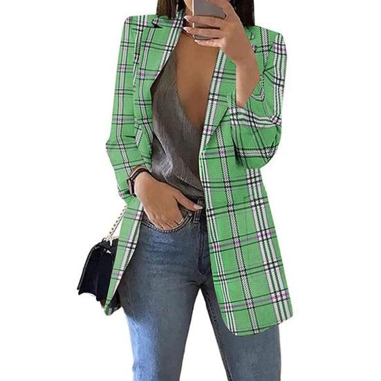 Women Suit Coat Lapel Long Sleeve Open Front Suit Jacket with Pockets Plaid Print