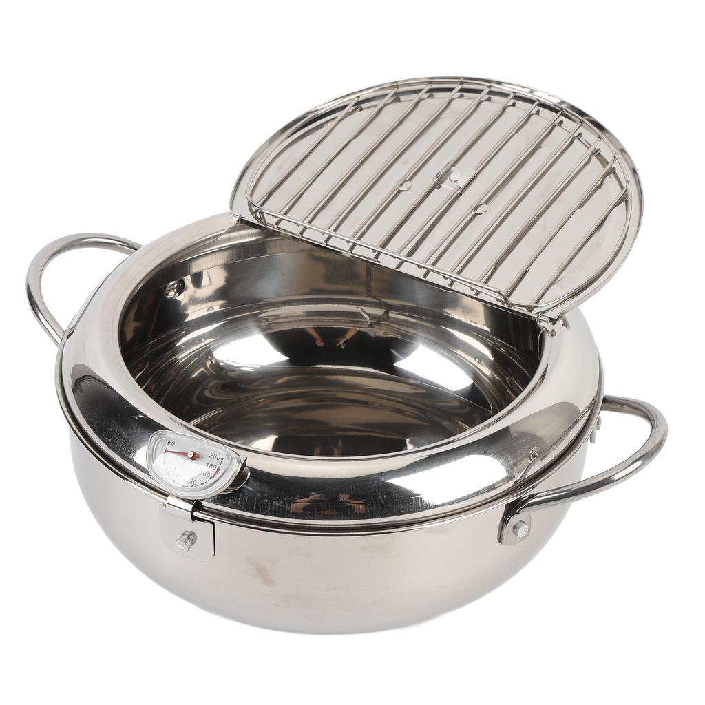 Stainless Steel Fryer Pot with Thermometer Lid Oil Drip Drainer Rack Multifunctional Deep Frying