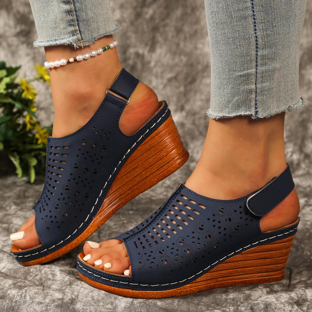 Foreign trade year summer new European and American style hollow lightweight Velcro sandals women's large size wedge sandals