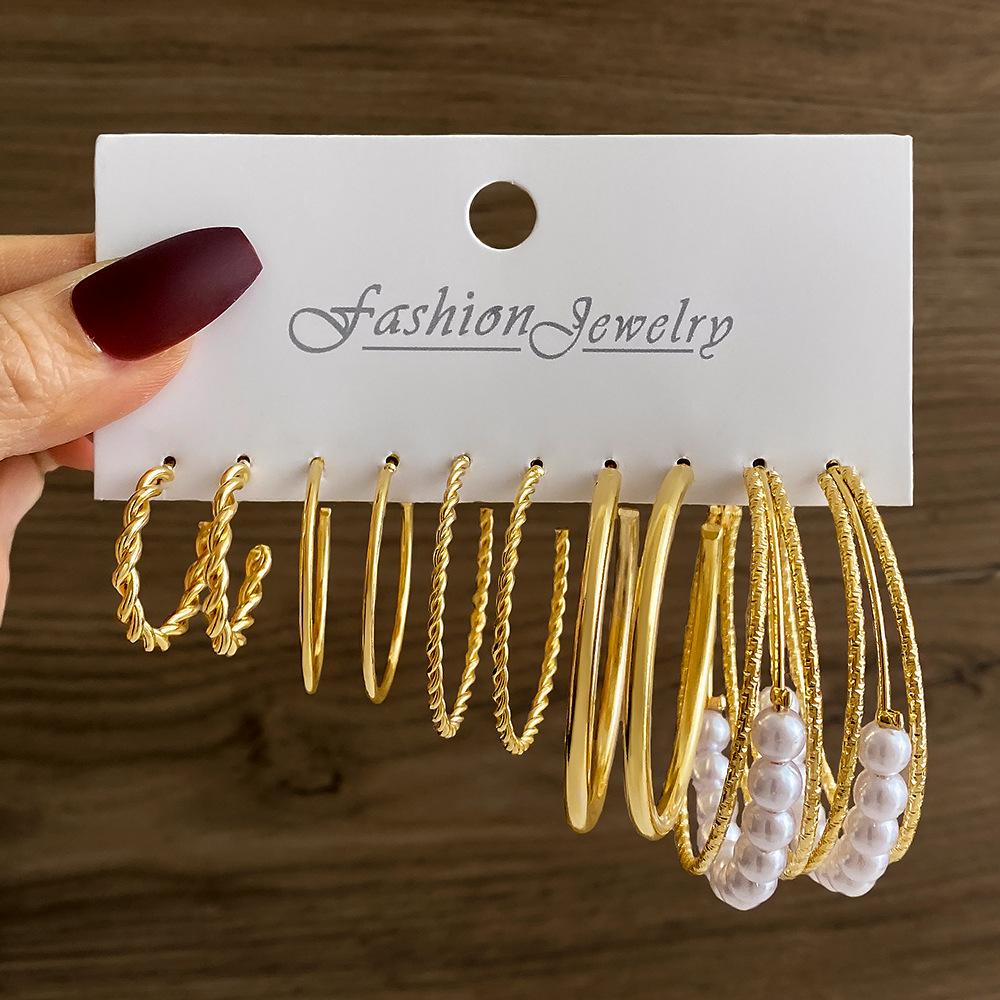 Геометрические многослойные серьги с жемчугом типа C, серьги-гвоздики, 6 пар, набор сережек-карт, комбинированные женские