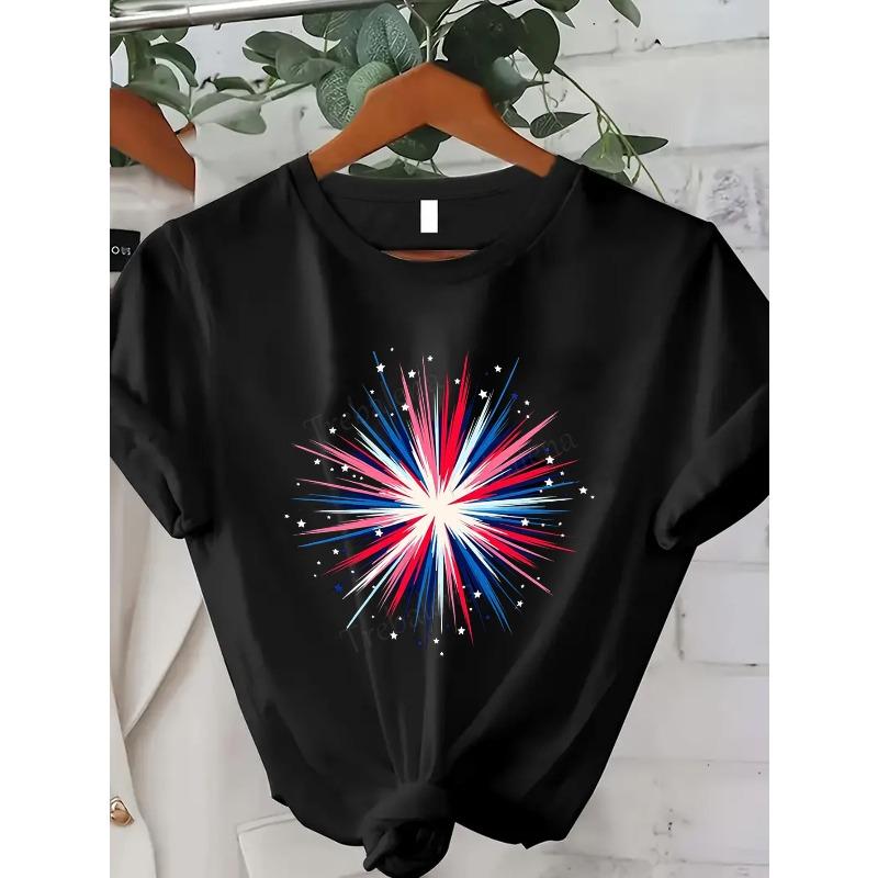 

European Size Women S Oversized Patriotic American Flag T-Shirt - Red, White & Blue Fireworks Graphic Tee, Everyday Casual Outfits,Festive Clothing 4XL чорний