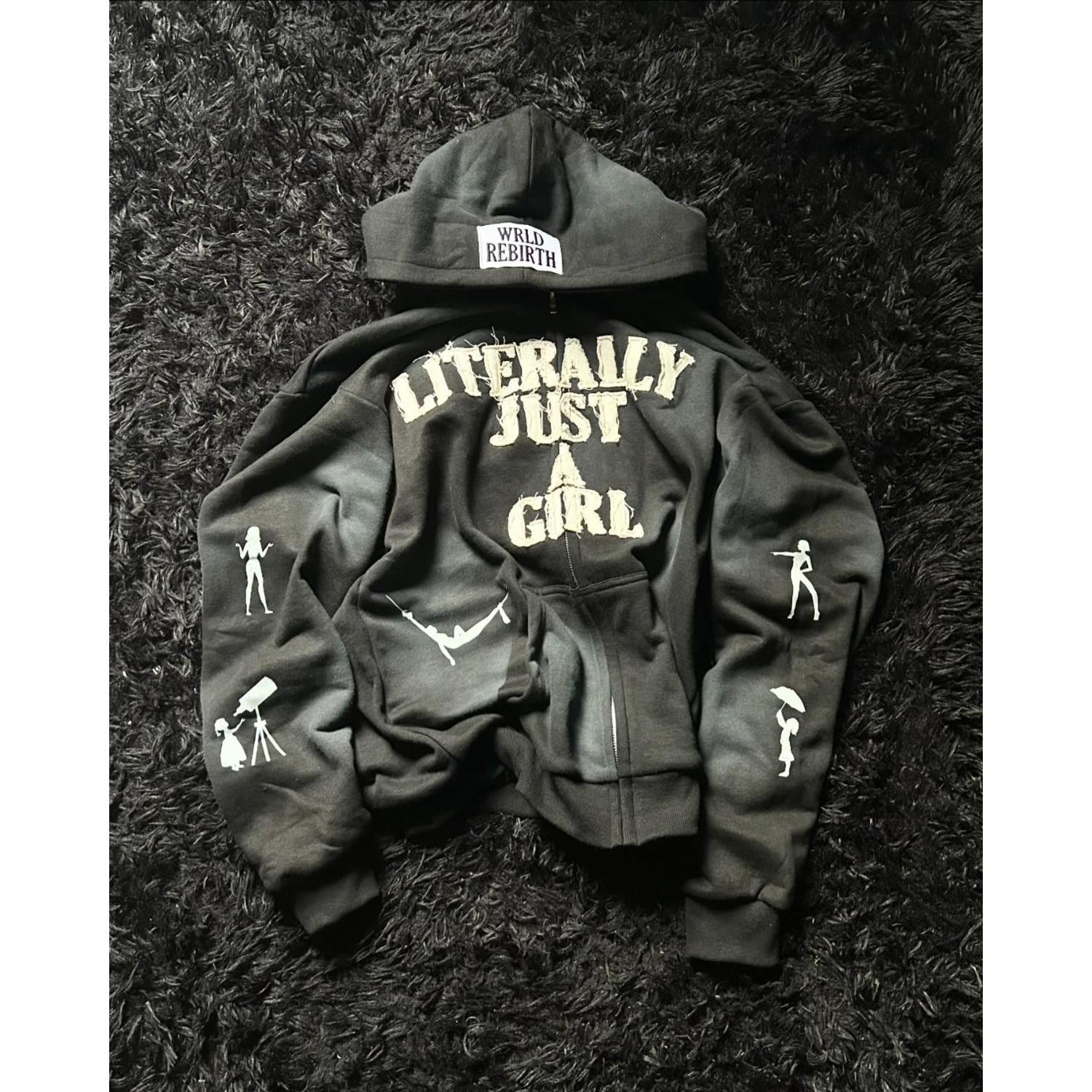 Women s Hooded Long Sleeve Zip Up Sweatshirts Loose Fit Letter Graphic Streetwear XS